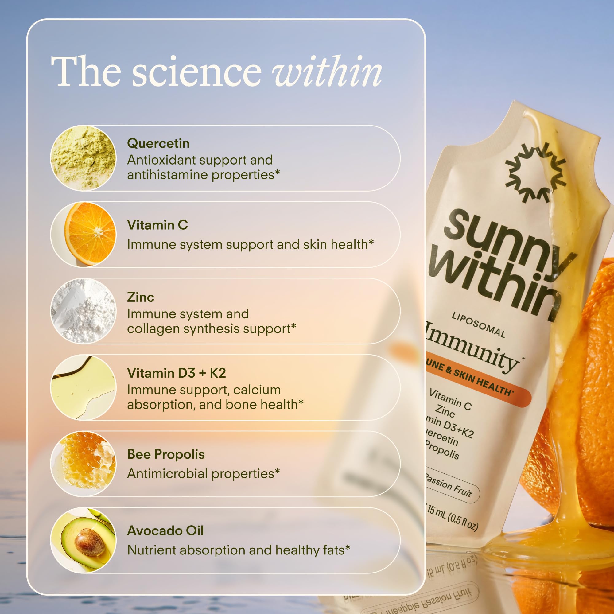Sunny Within etiqueta con lista de ingredientes principal y beneficios claros
