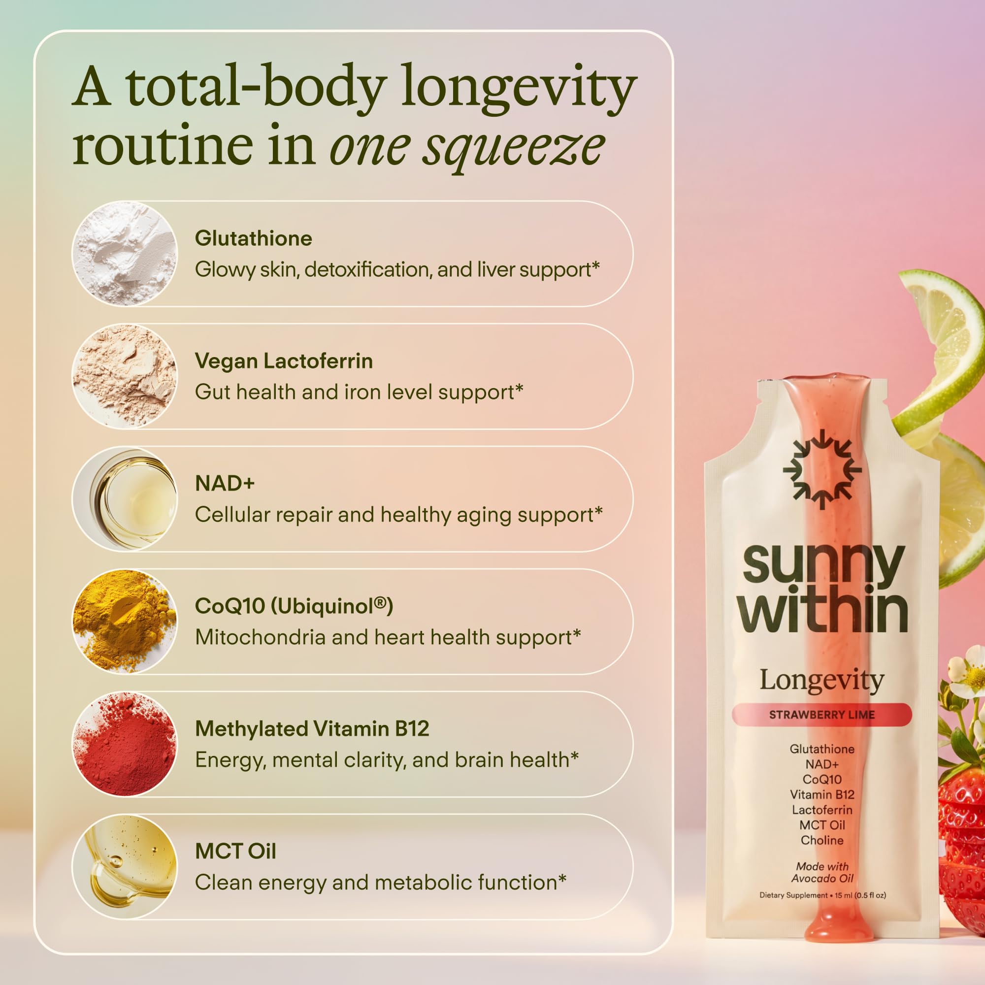 Sunny Within etiqueta con ingredientes clave y beneficios visibles