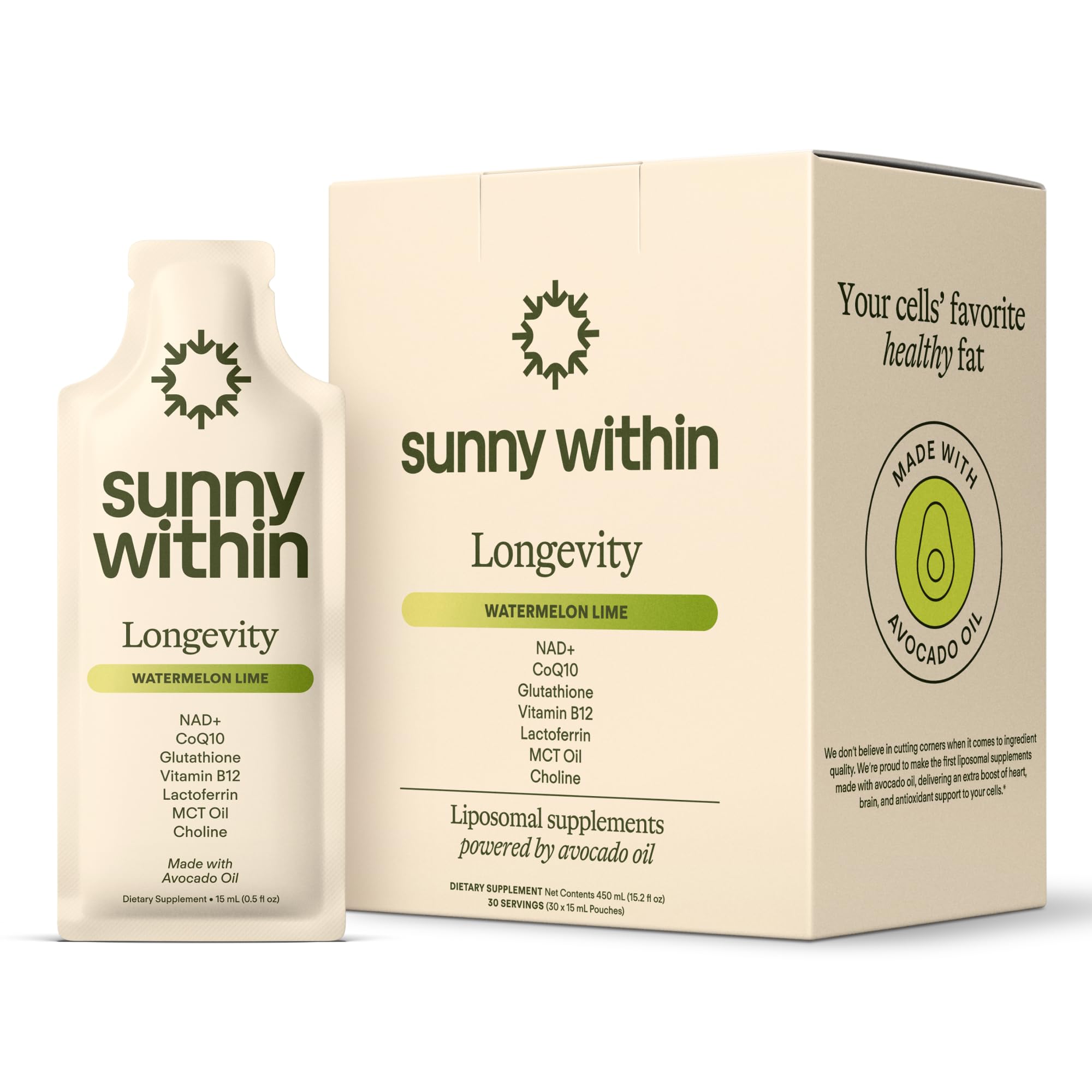 Sunny Within frente del empaque mostrando pouches y beneficio de conveniencia
