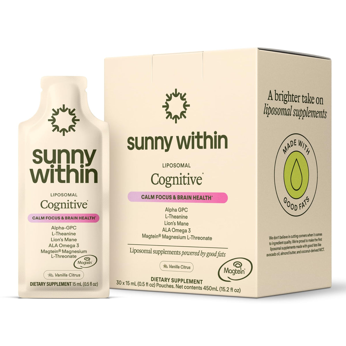 Sunny Within frente del paquete mostrando diseño y beneficios visibles