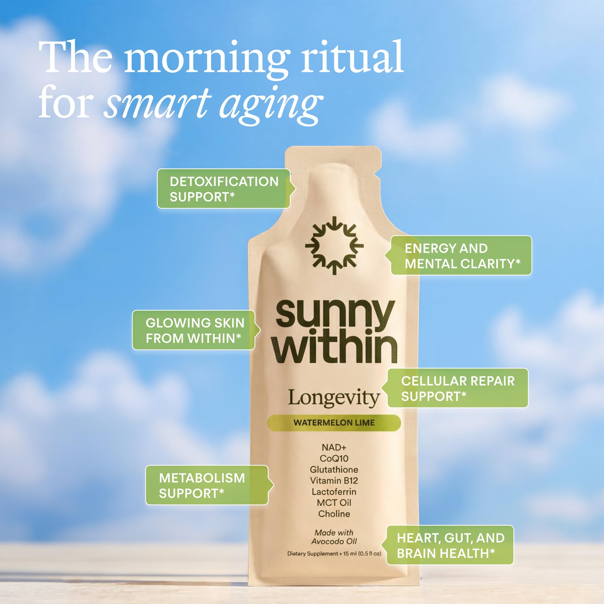 Sunny Within sobre abierto con textura de líquido y ventaja de rápida absorción