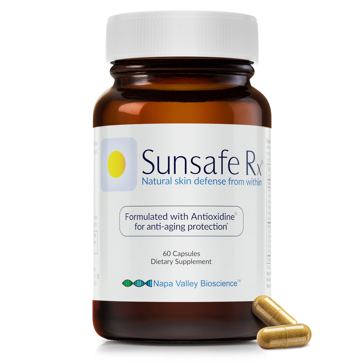 Sunsafe Rx frasco frente mostrando presentación y ventajas antioxidantes
