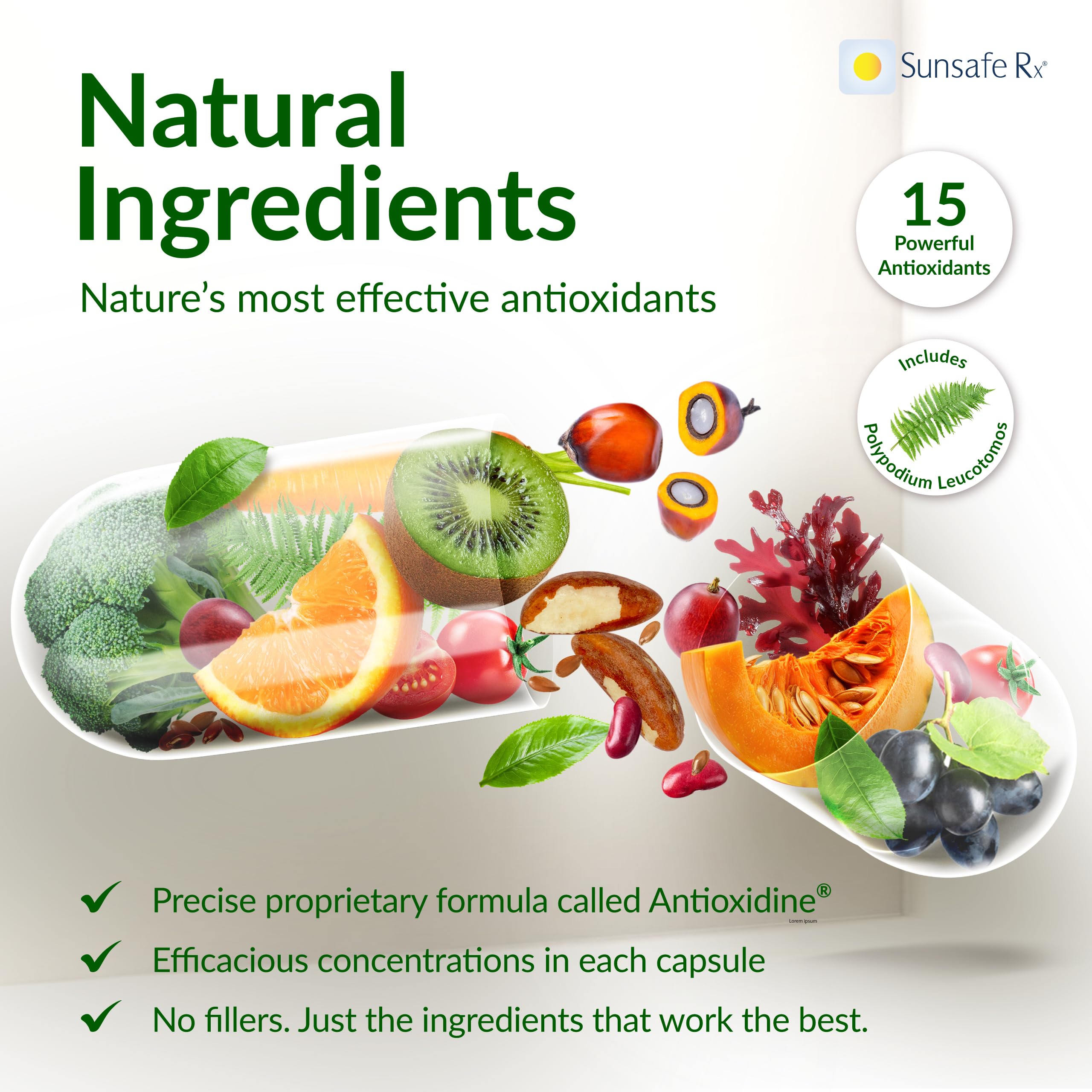 Sunsafe Rx ingredientes naturales agrupados que resaltan composición