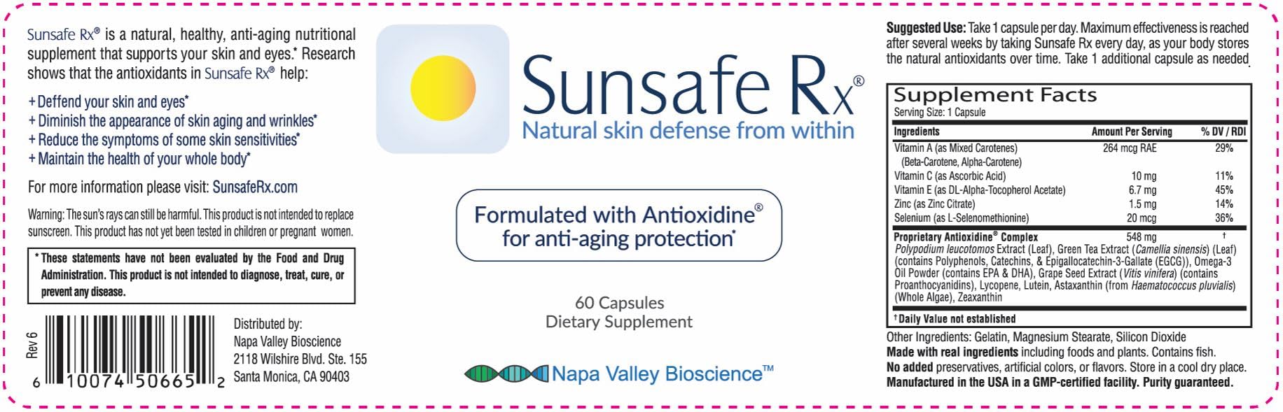 Sunsafe Rx packaging abierto mostrando 60 cápsulas y diseño seguro
