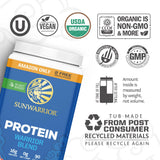 Sunwarrior batido en vaso listo para beber con aspecto cremoso y nutritivo
