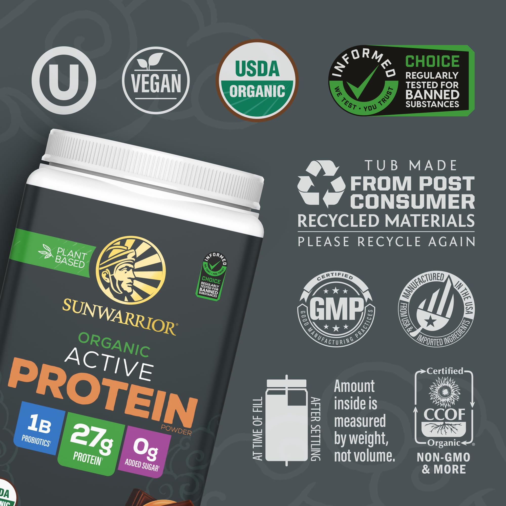Sunwarrior detalle del sello de ingredientes orgánicos y limpios