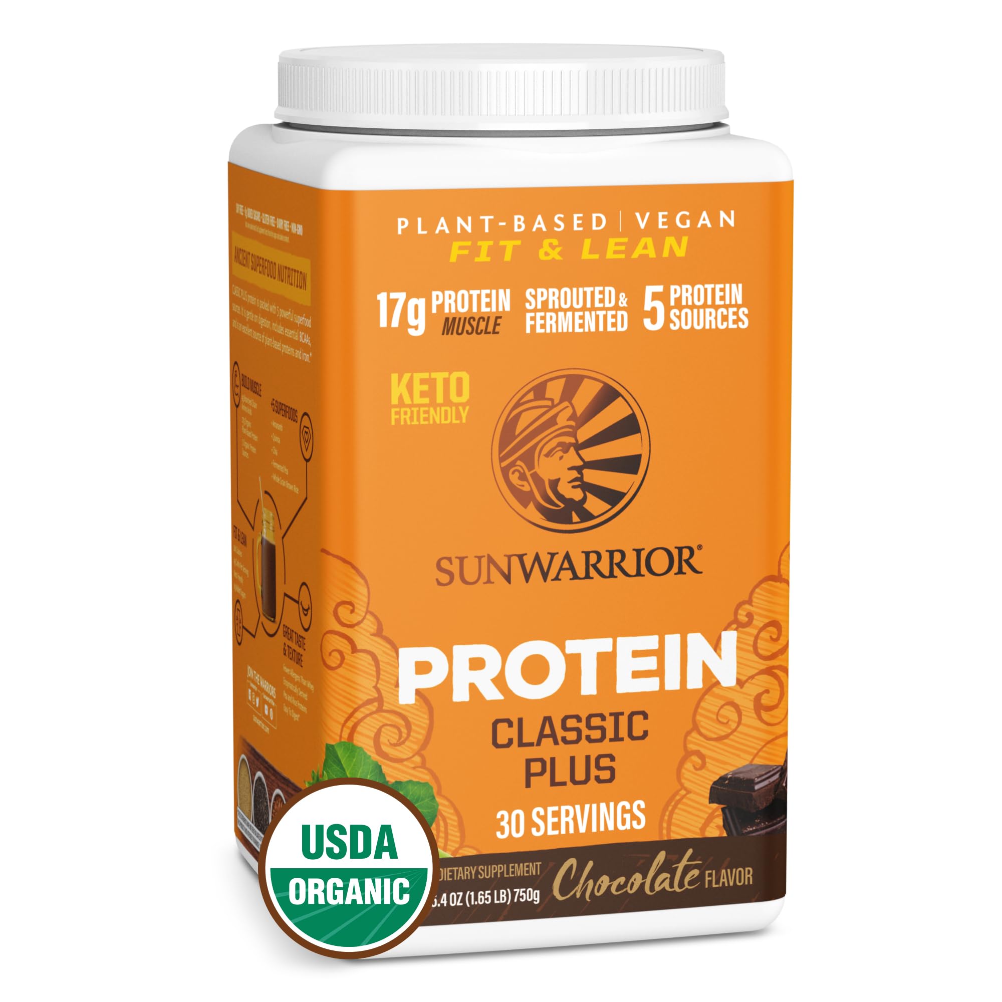 Sunwarrior envase frontal mostrando 30 raciones y beneficio de proteína vegana