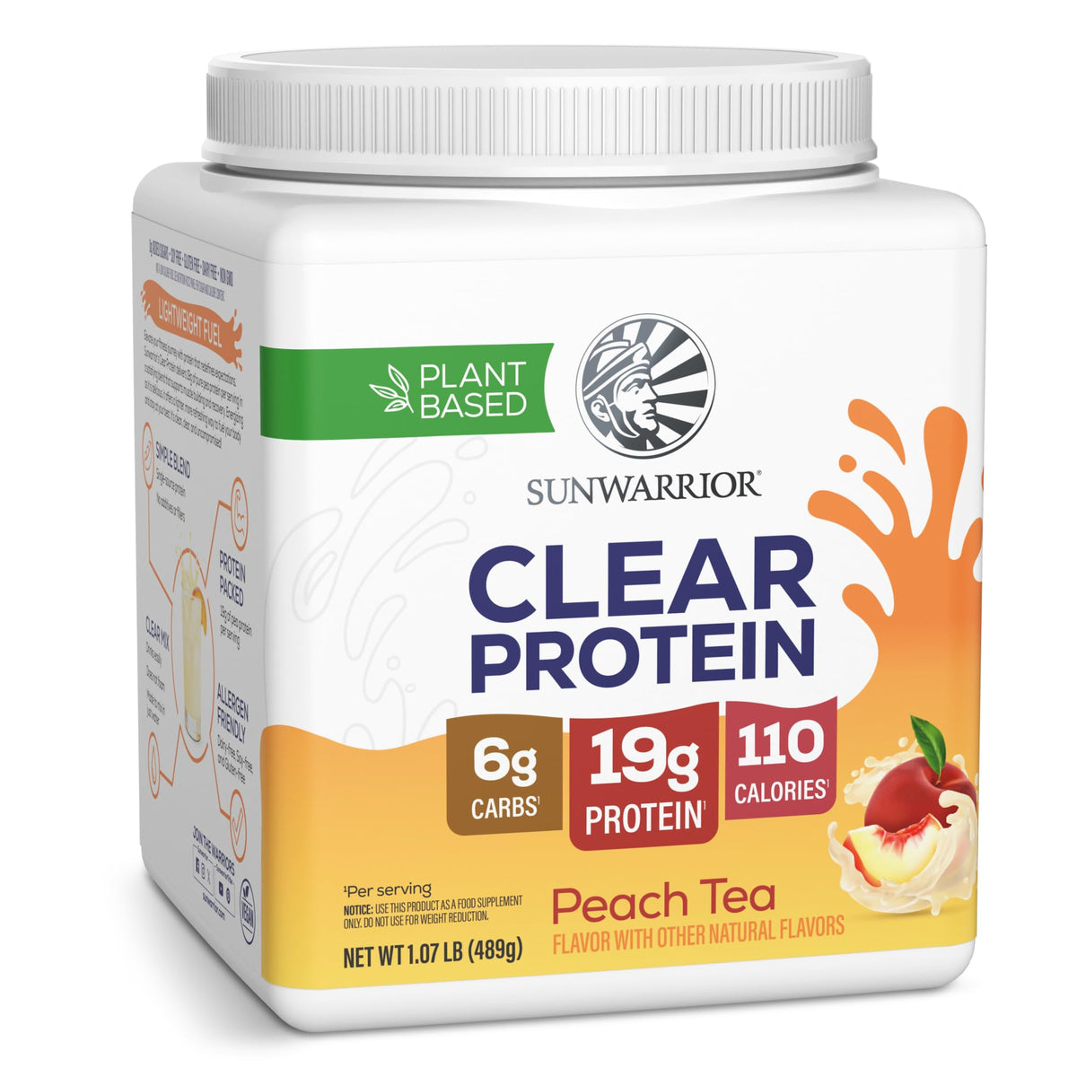 Sunwarrior envase frontal de Clear Protein sabor Peach Tea, práctico y ligero