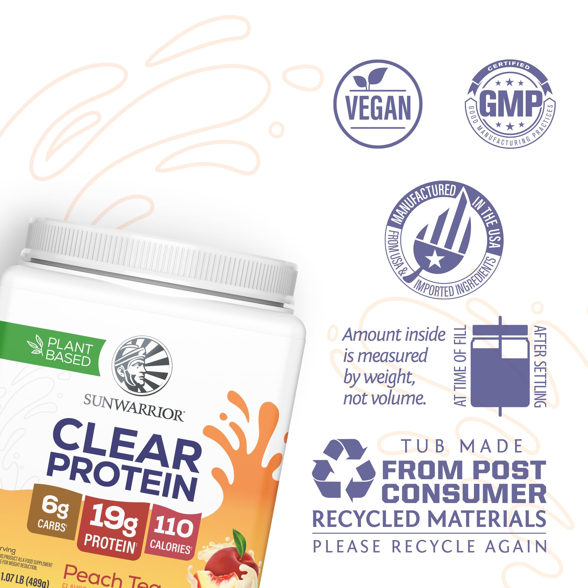 Sunwarrior vaso con bebida Peach Tea lista para beber, refrescante y proteica