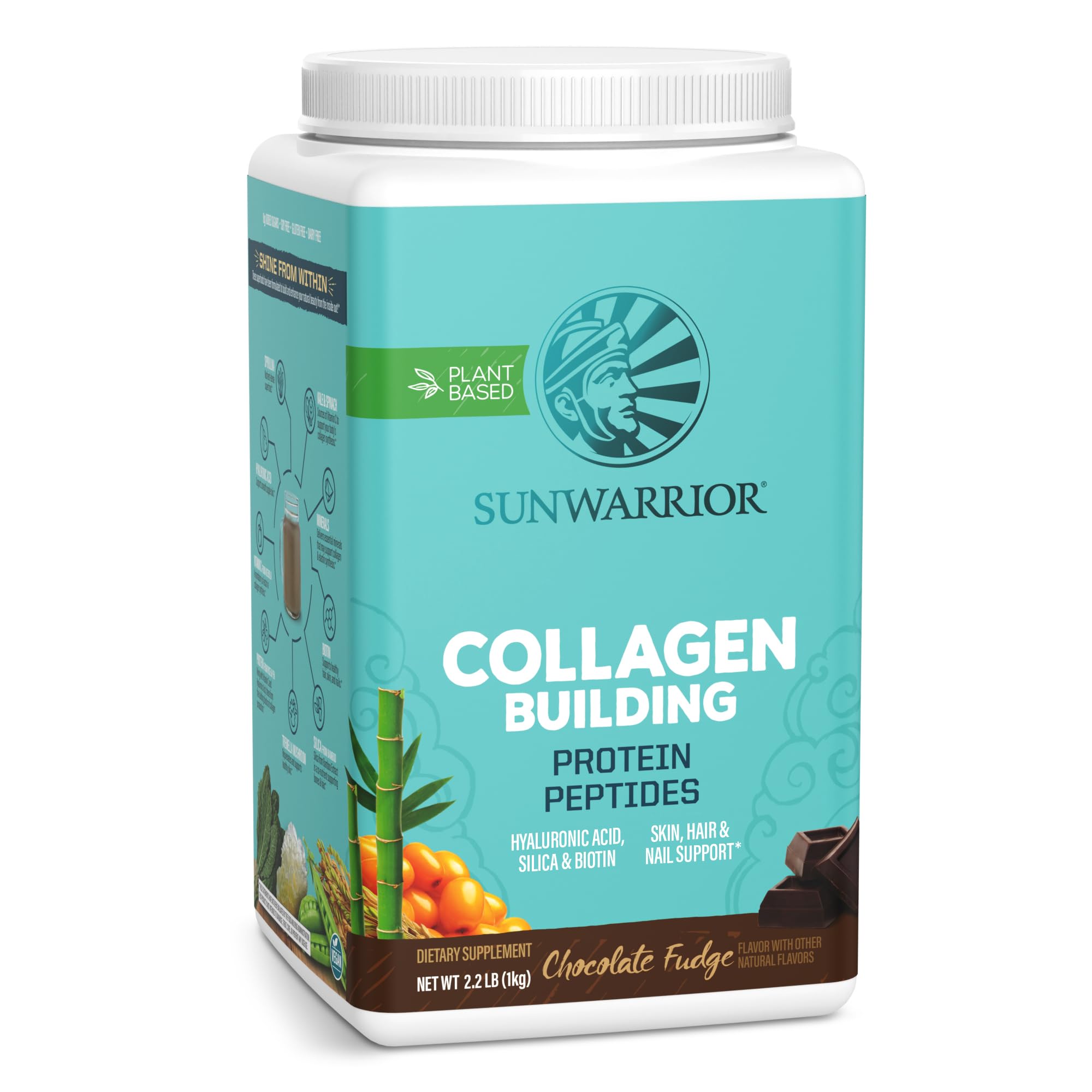 Sunwarrior bote frontal con etiqueta clara y sabor chocolate, ideal para veganos