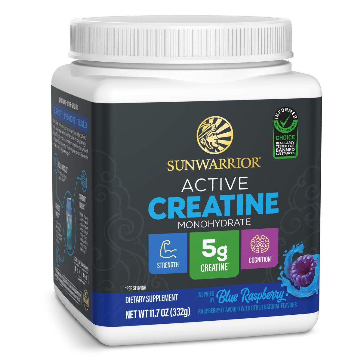 Sunwarrior frente del envase mostrando sabor blue raspberry y practicidad