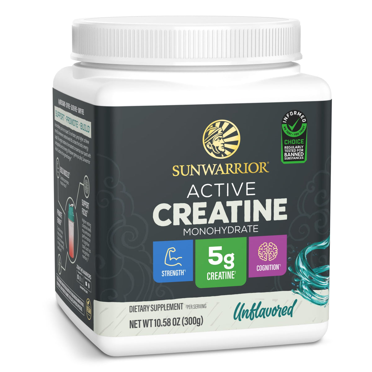 Sunwarrior frasco frontal limpio mostrando creatina y beneficios