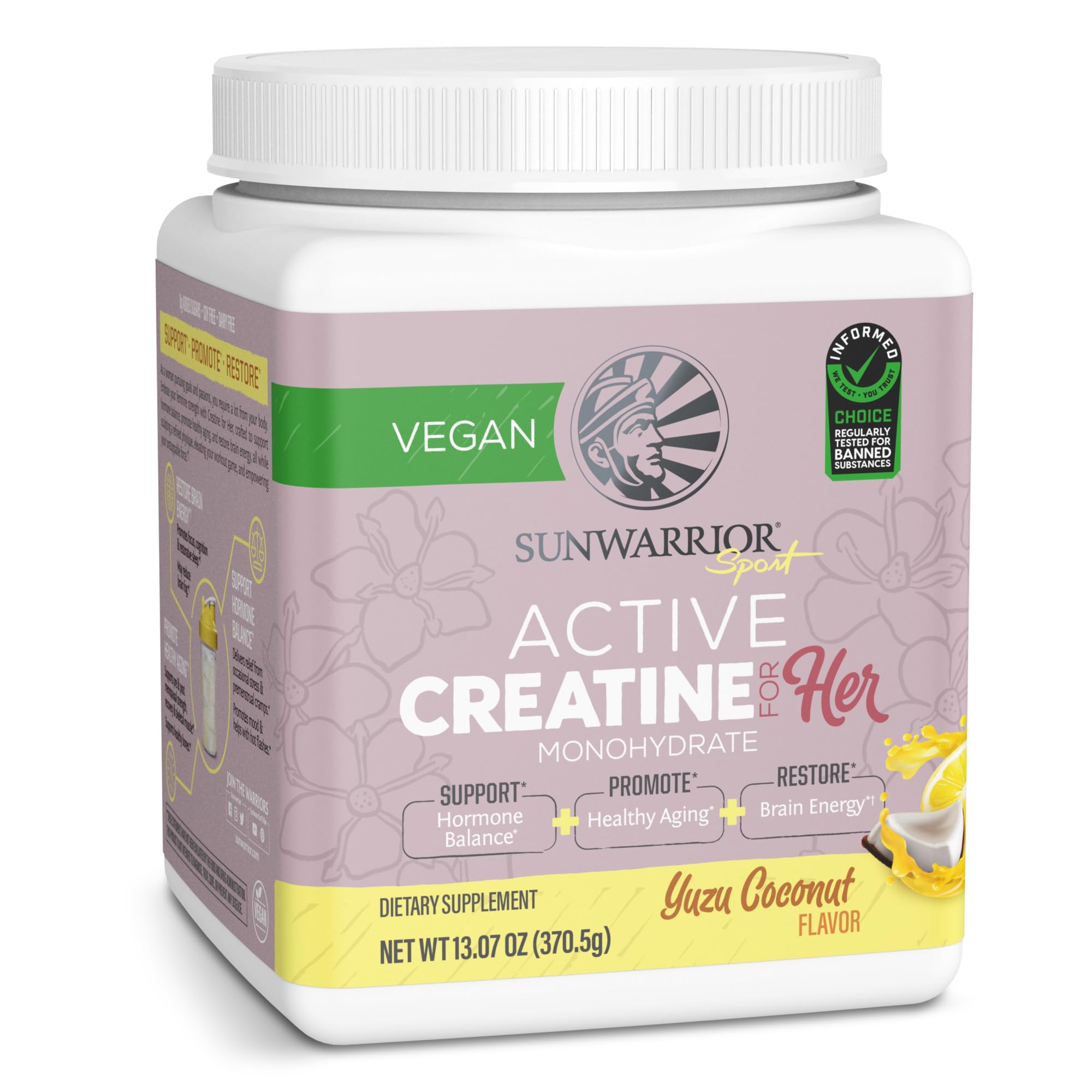 Sunwarrior envase frontal mostrando creatina para mujeres y beneficio de rendimiento