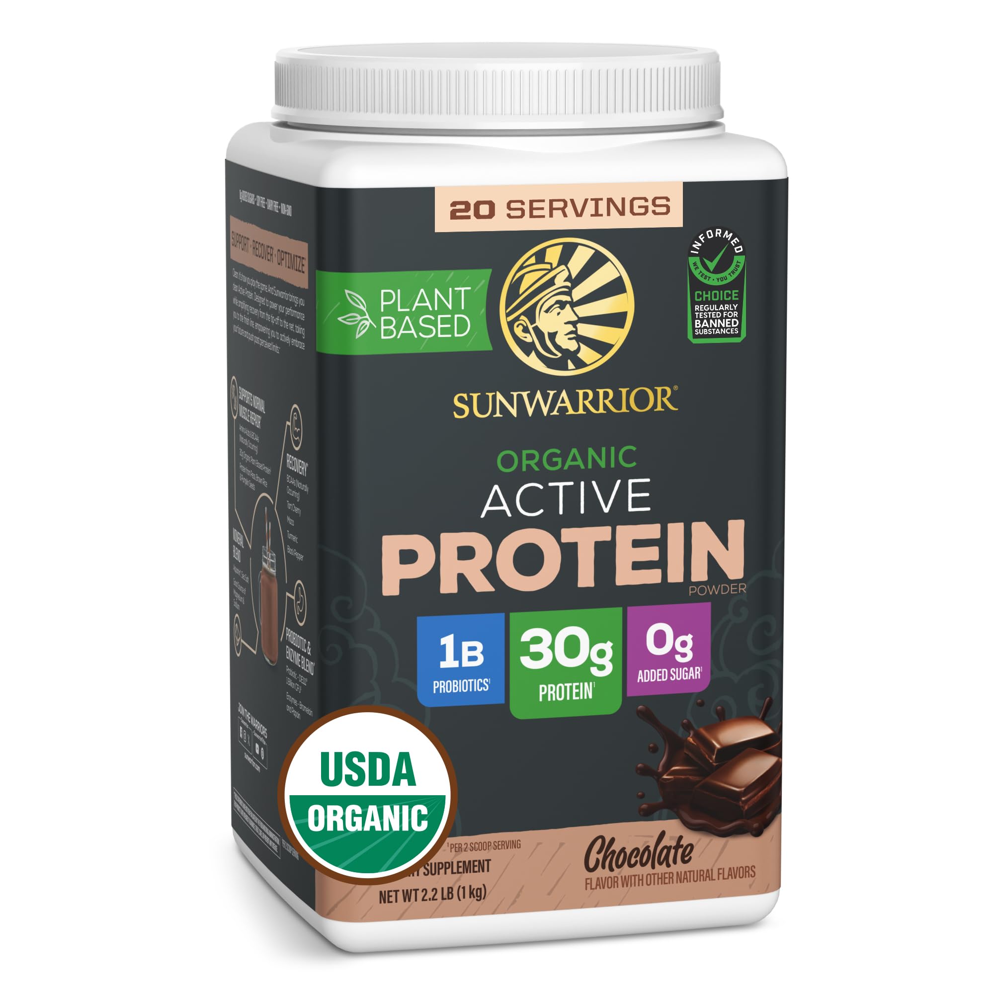 Sunwarrior envase frontal sabor chocolate mostrando presentación y beneficios