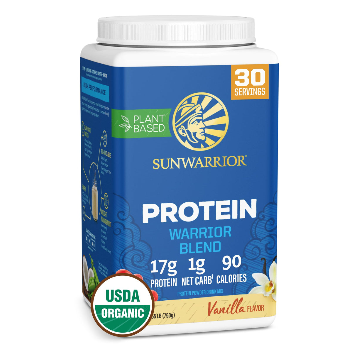 Sunwarrior envase frontal Warrior Blend vainilla, vista clara del producto beneficioso