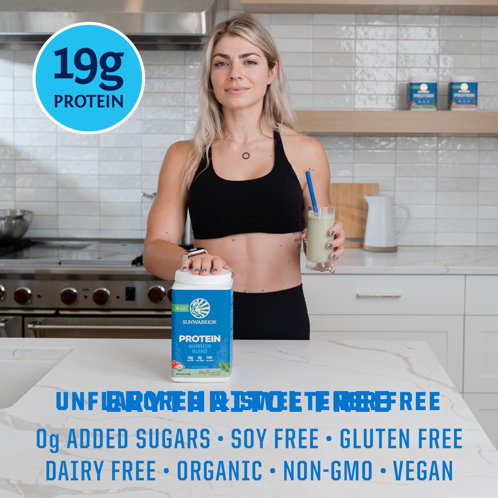 Etiqueta del envase Sunwarrior con sellos orgánico y Non-GMO, garantía de origen limpio