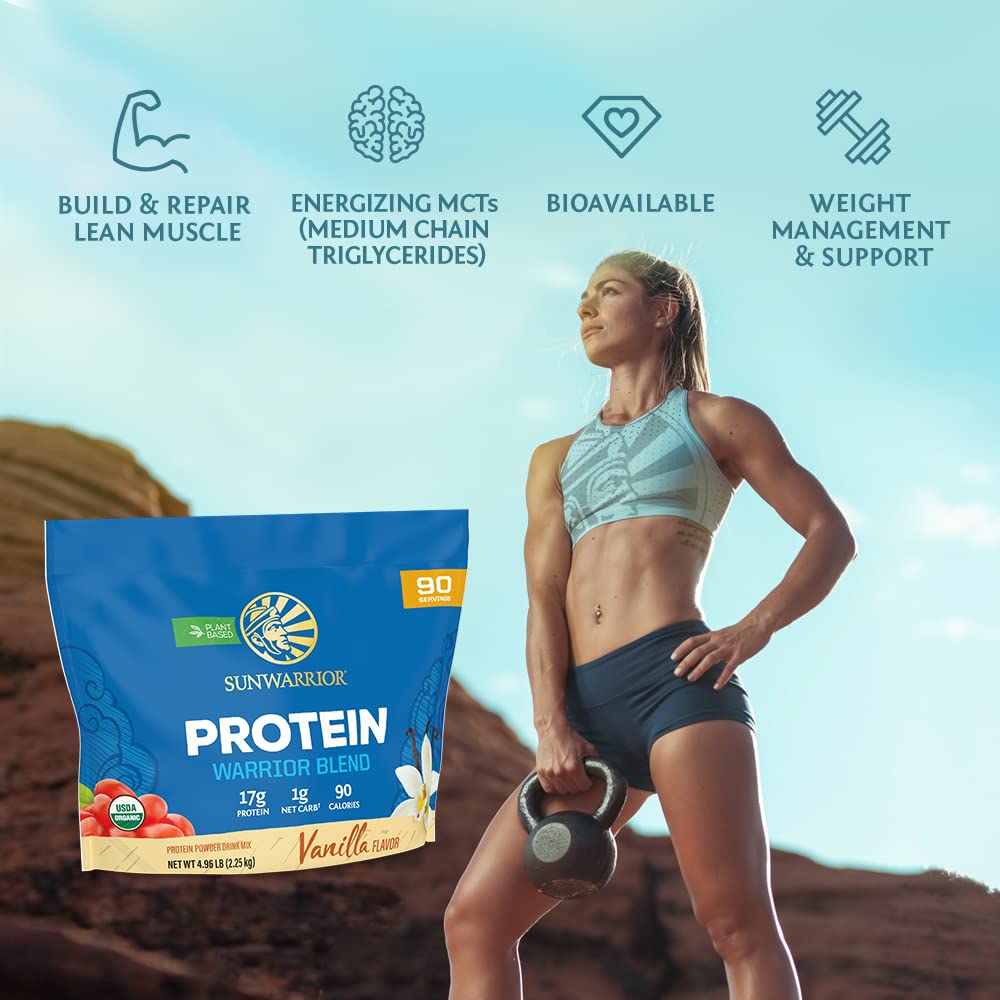 Etiqueta Sunwarrior con lista de ingredientes orgánicos y ausencia de alérgenos