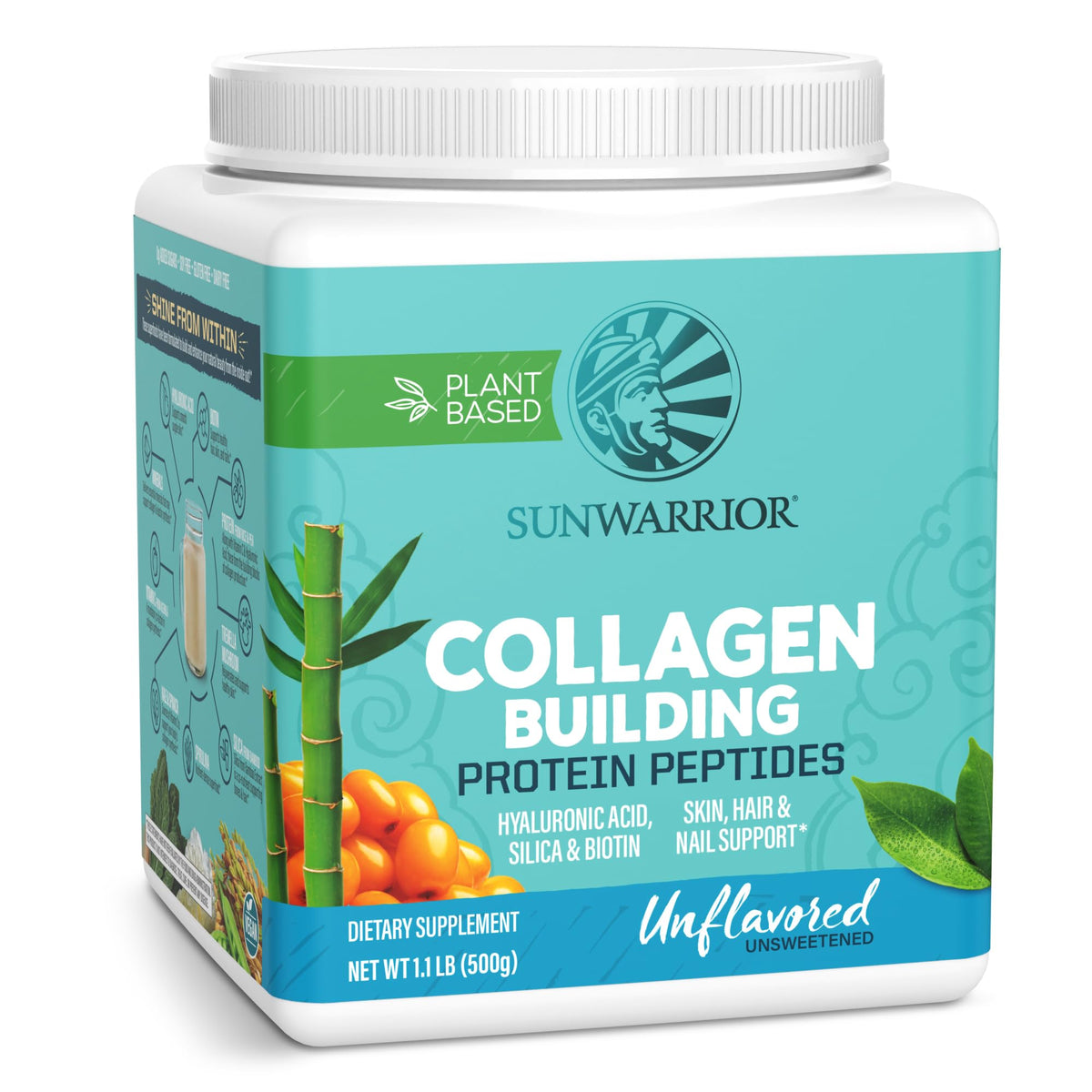 Sunwarrior frasco frontal del polvo vegano para soporte de piel y cabello