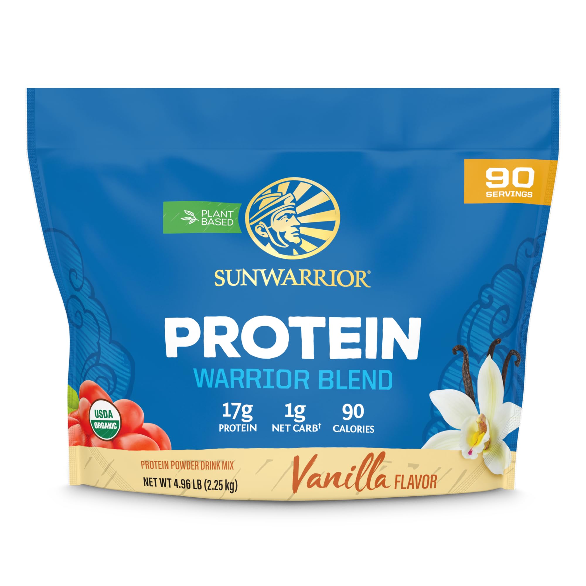 Sunwarrior frasco frontal del envase mostrando sabor vainilla y beneficios orgánicos