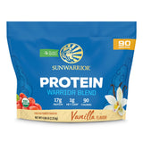 Sunwarrior frasco frontal del envase mostrando sabor vainilla y beneficios orgánicos