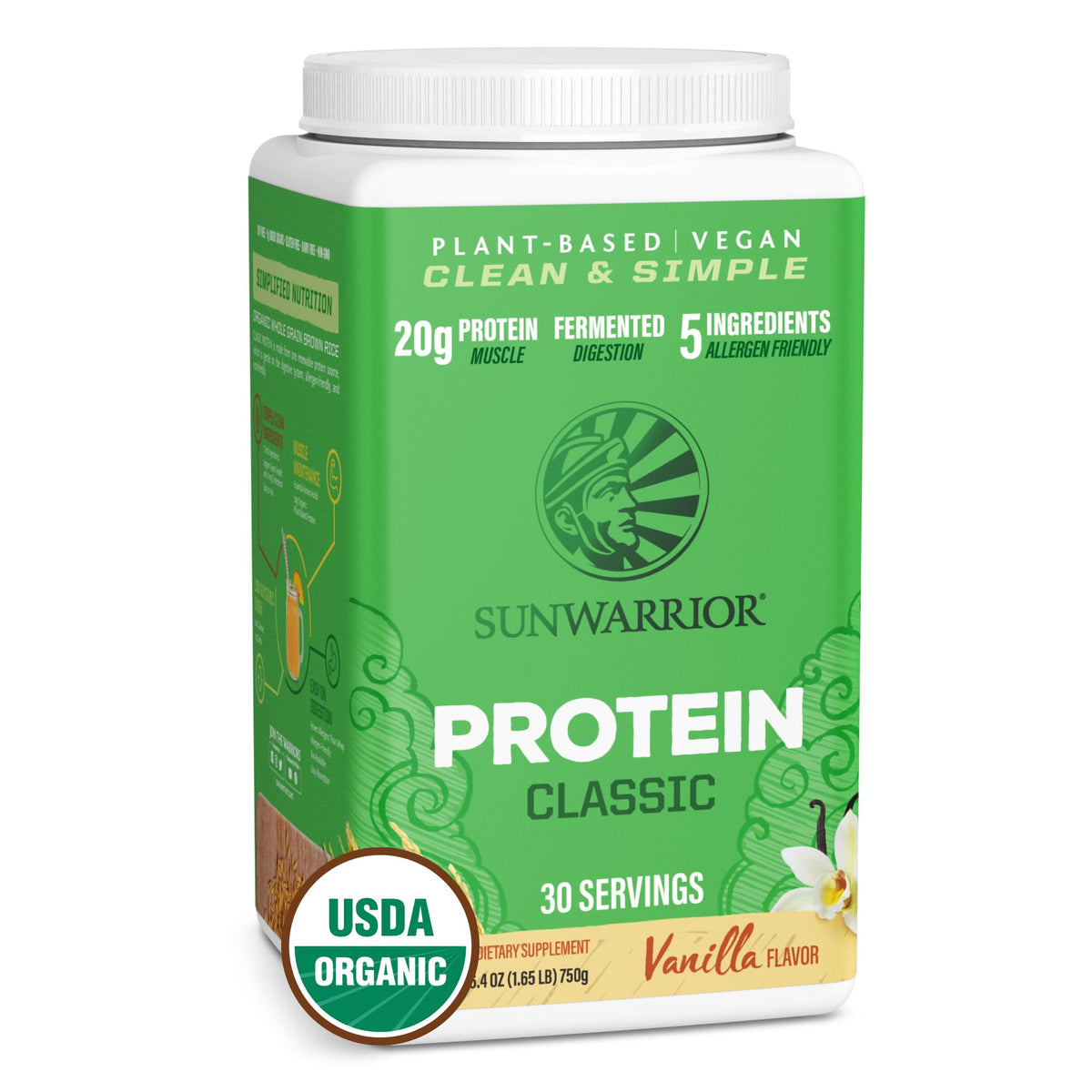 Sunwarrior bote frontal 750 g mostrando diseño y beneficio proteína vegana