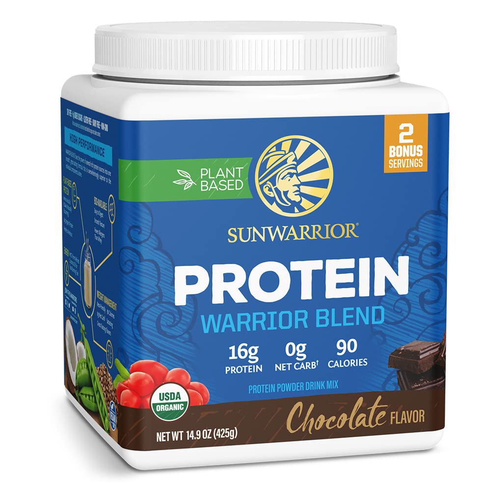 Sunwarrior envase frontal chocolate mostrando origen orgánico y raciones