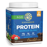 Sunwarrior envase frontal chocolate mostrando origen orgánico y raciones