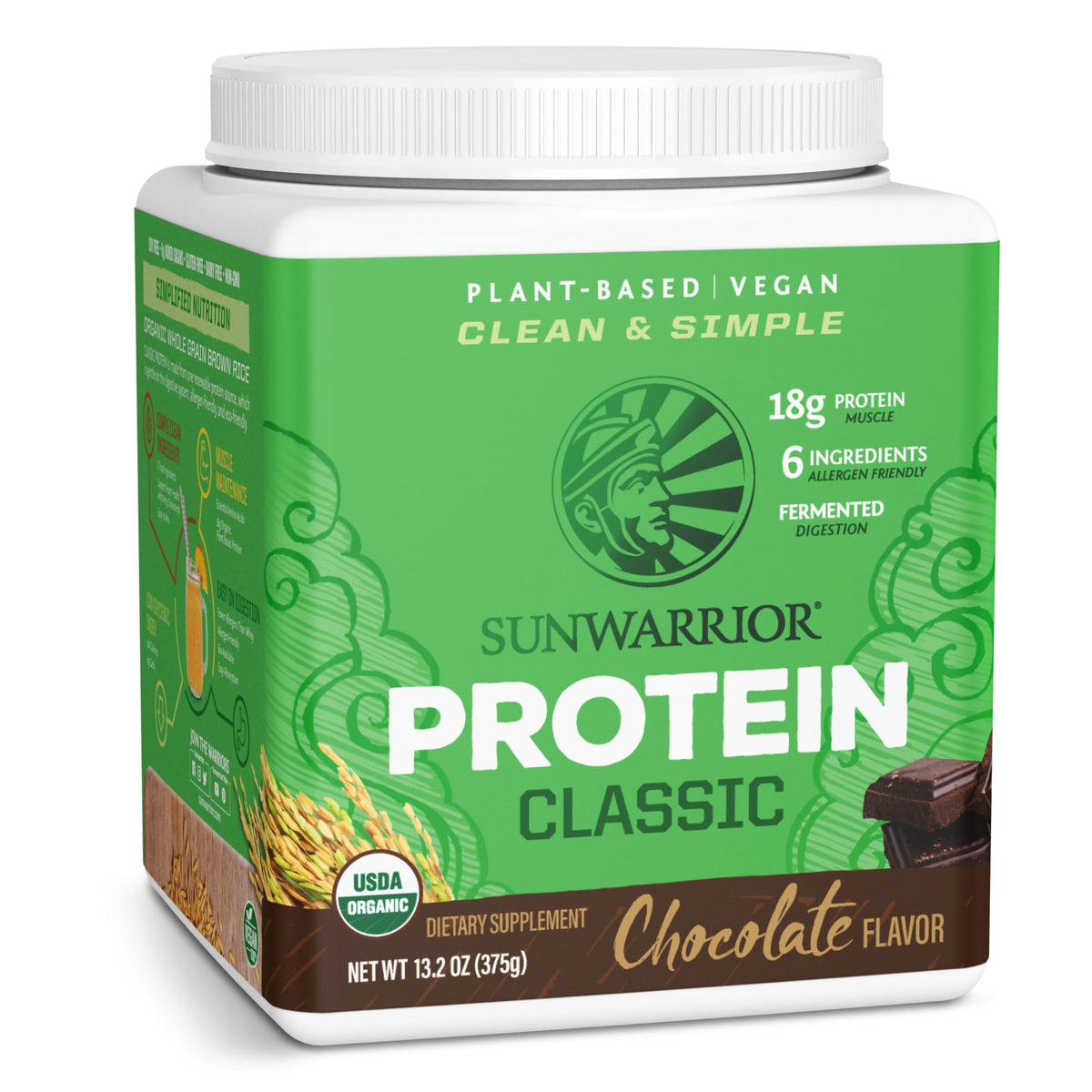 Sunwarrior envase frontal de proteína de arroz chocolate muestra beneficio proteína vegana