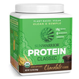Sunwarrior envase frontal de proteína de arroz chocolate muestra beneficio proteína vegana