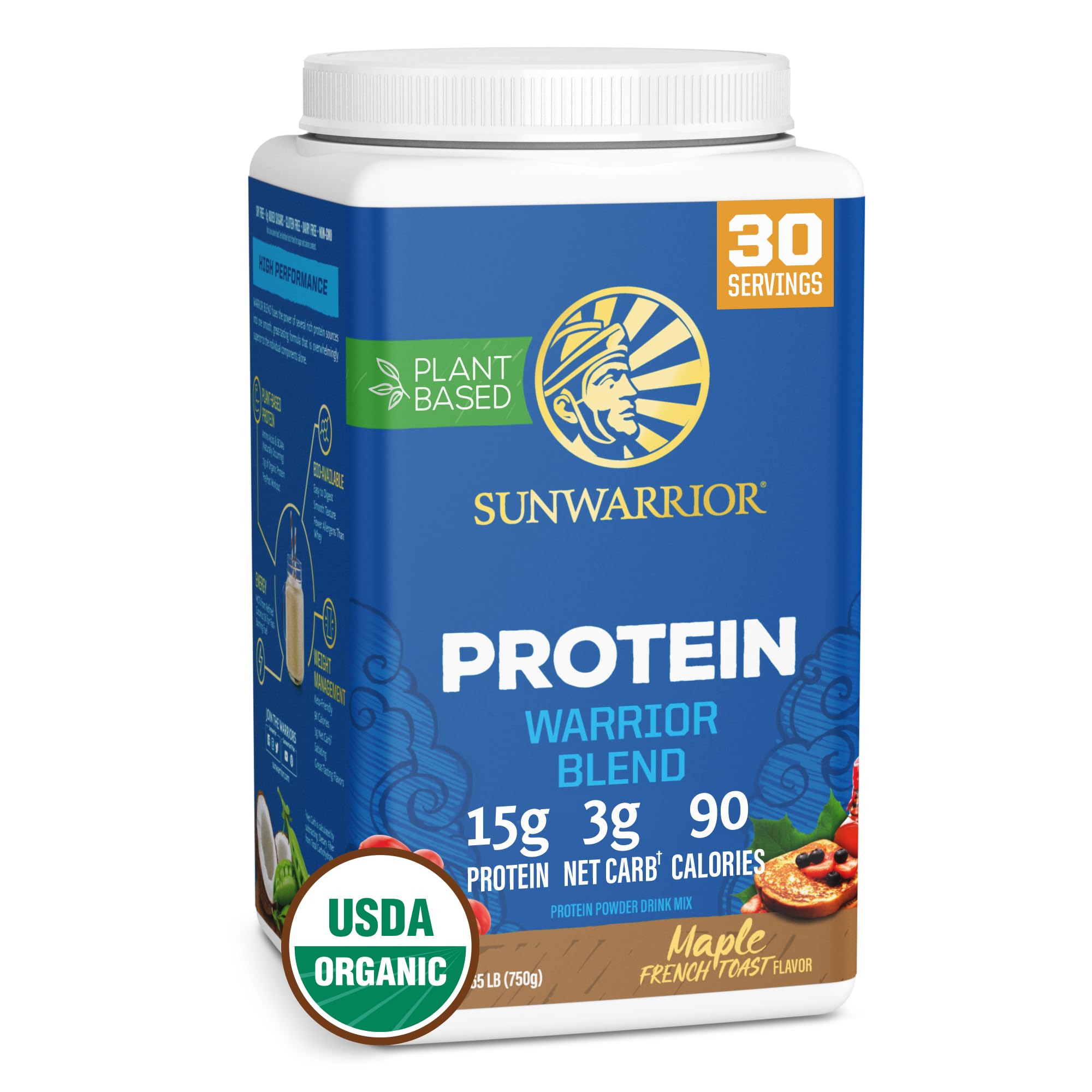 Sunwarrior frente del envase mostrando marca y sabor maple beneficios claros