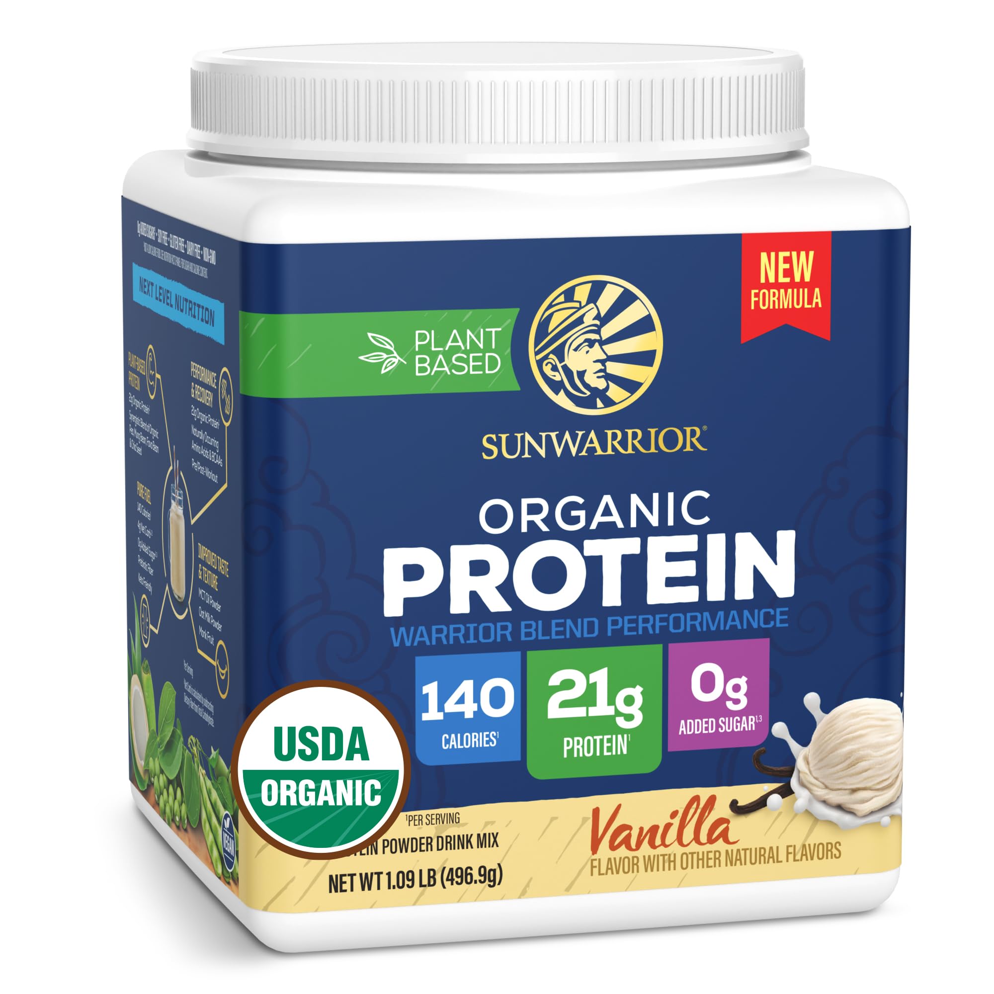 Sunwarrior vista frontal del envase con beneficio de proteína vegana