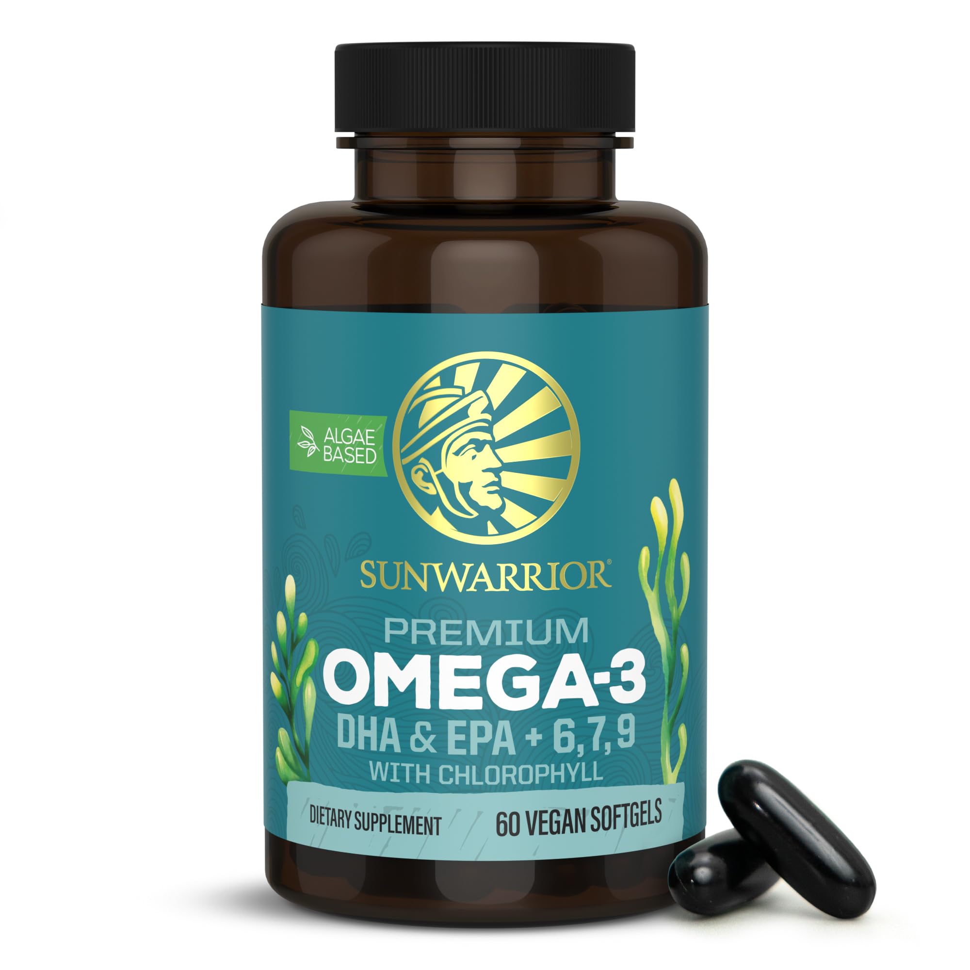 Sunwarrior frente del envase mostrando 60 cápsulas y beneficios veganos
