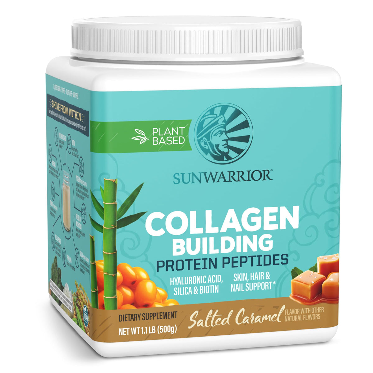 Sunwarrior envase frontal mostrando el diseño y beneficio vegano