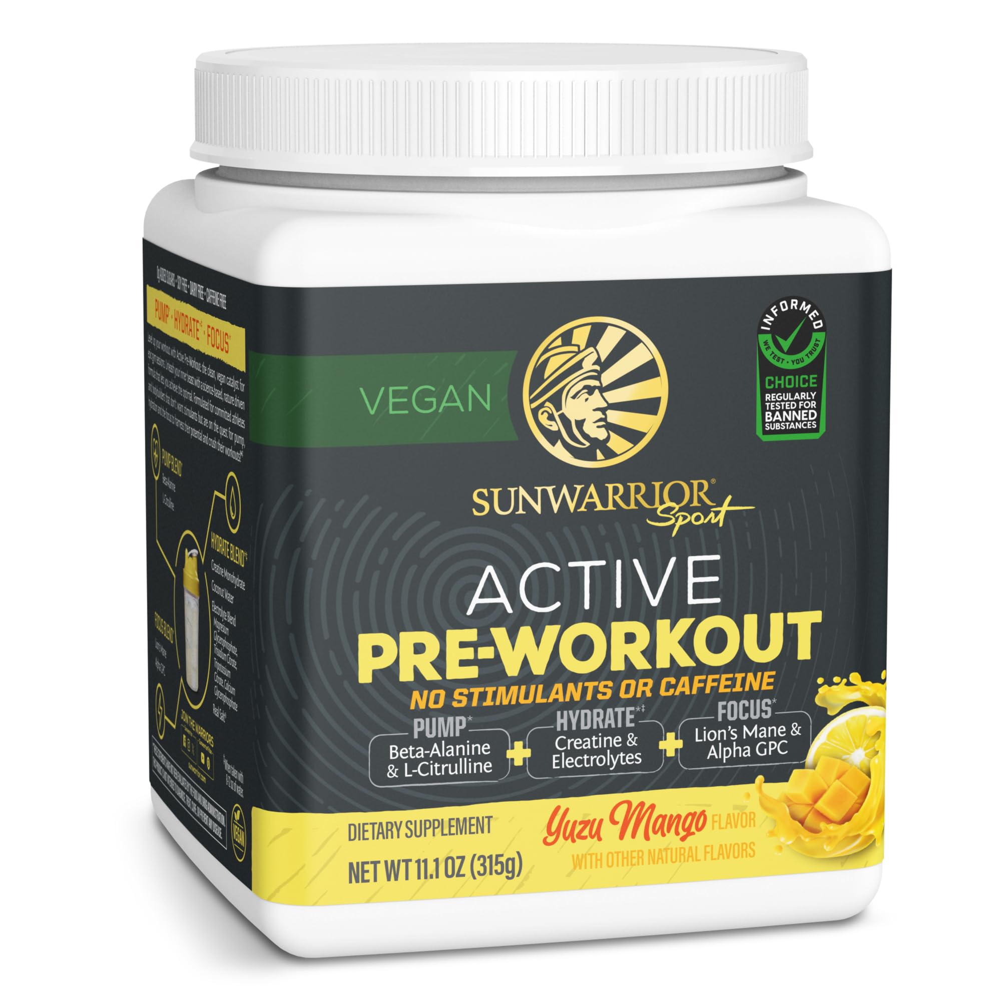 Sunwarrior frente del envase mostrando diseño y sabor yuzu mango, clara identificación del producto