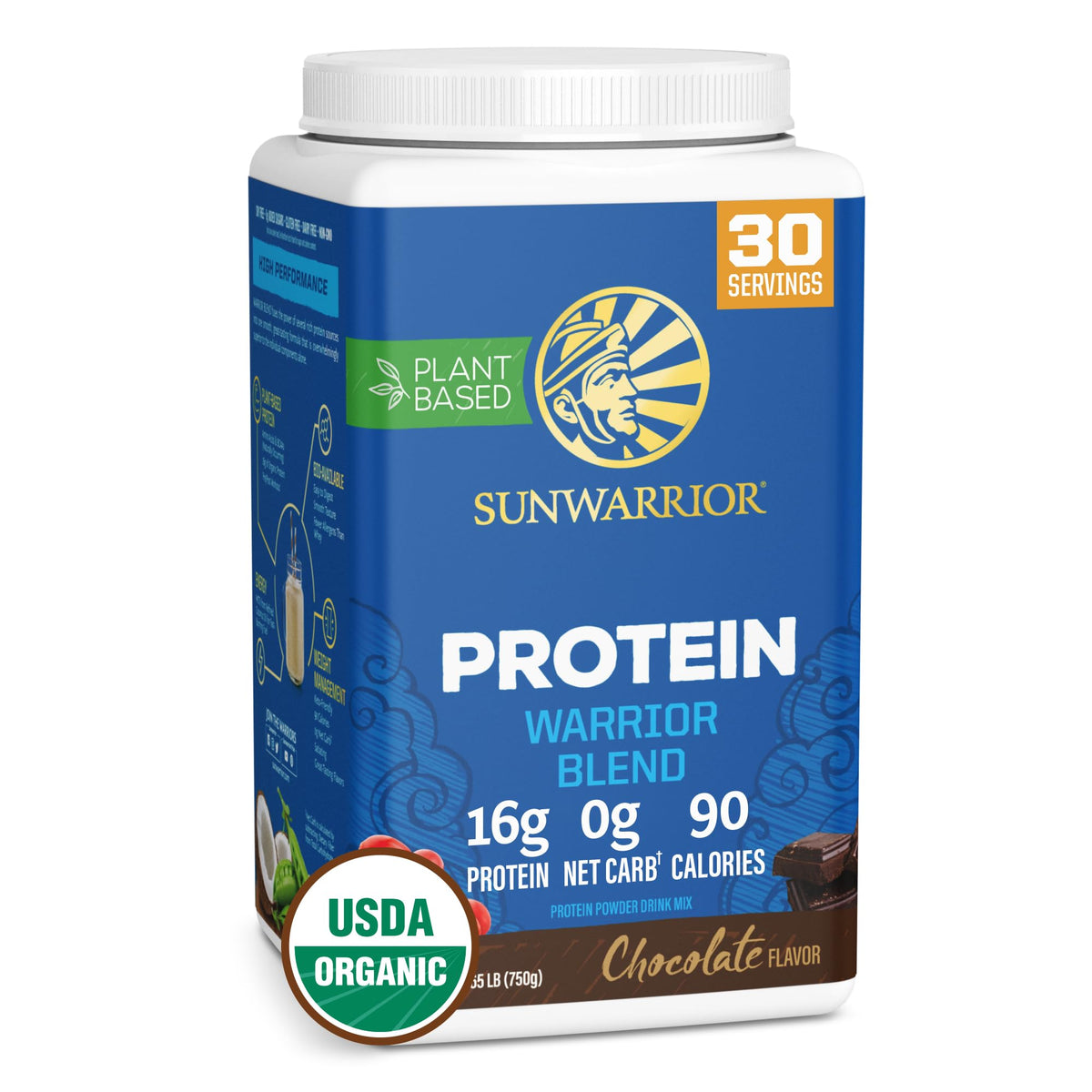Sunwarrior frente del envase mostrando sabor chocolate y limpieza de ingredientes