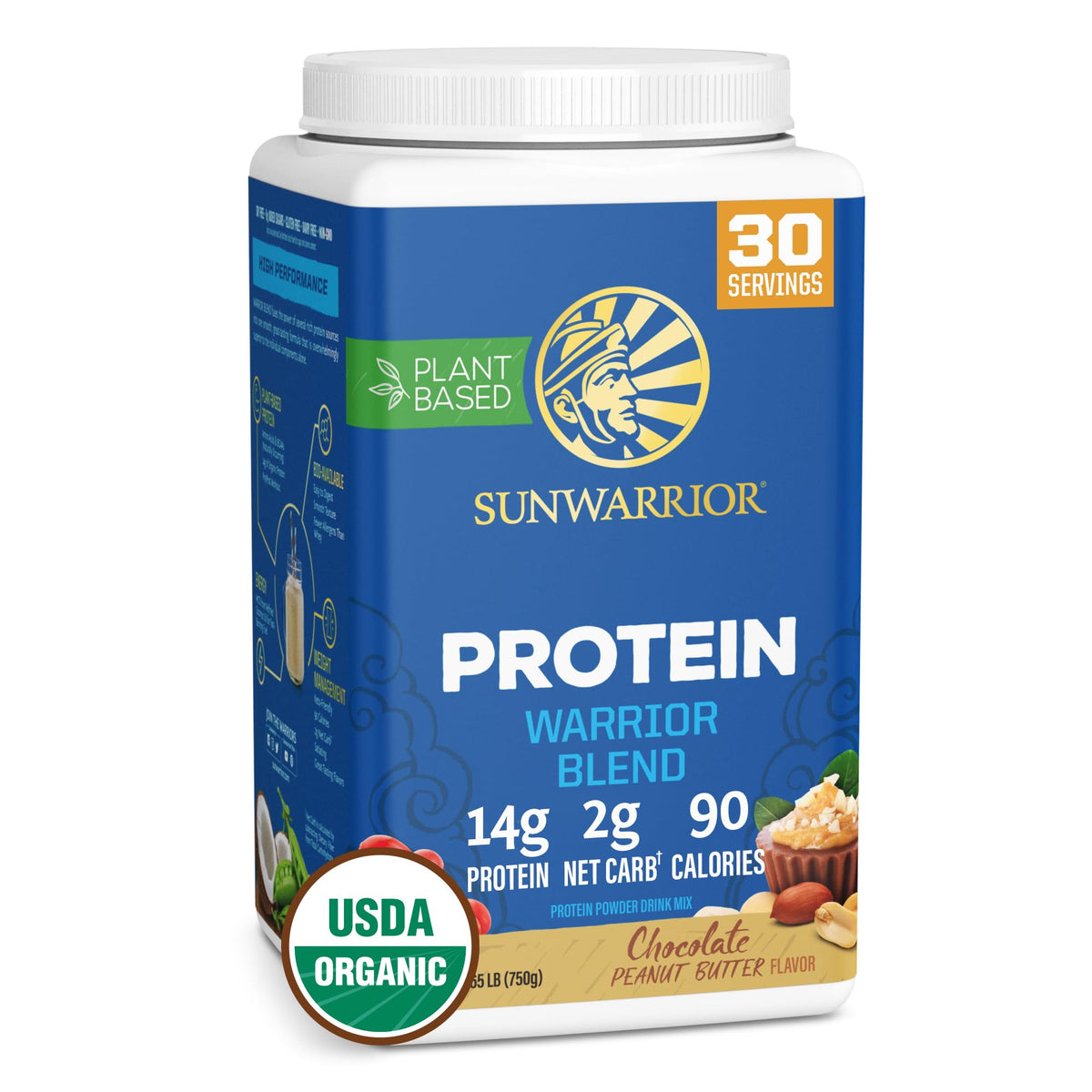 Sunwarrior frente del envase mostrando sabor chocolate mantequilla de cacahuete y beneficios limpios