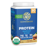 Sunwarrior frente del envase mostrando sabor chocolate mantequilla de cacahuete y beneficios limpios