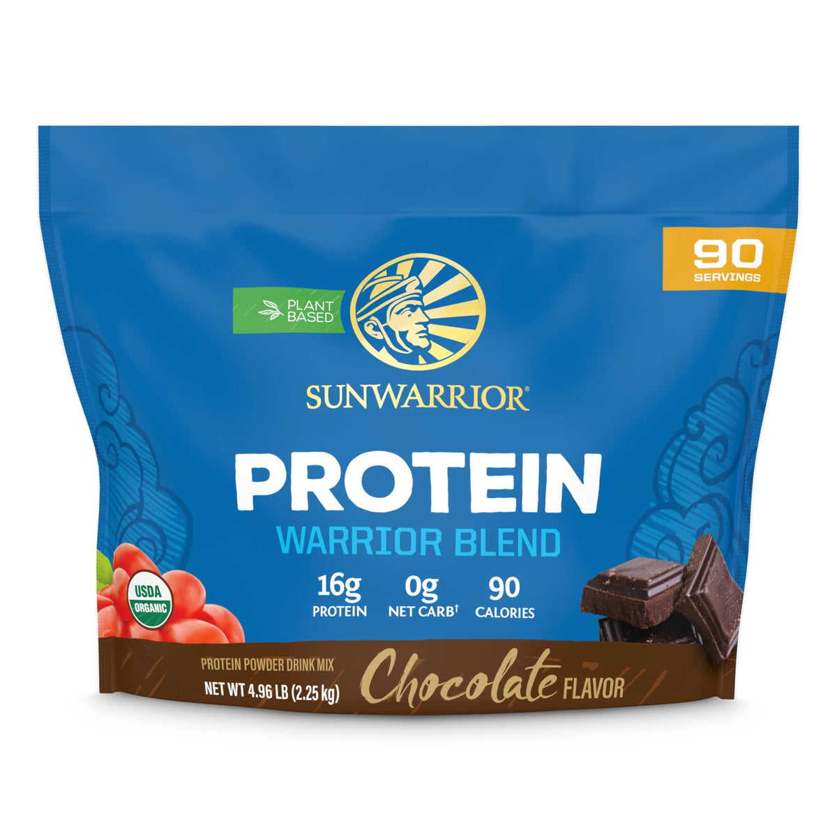 Sunwarrior frente del empaque chocolate mostrando diseño y porciones