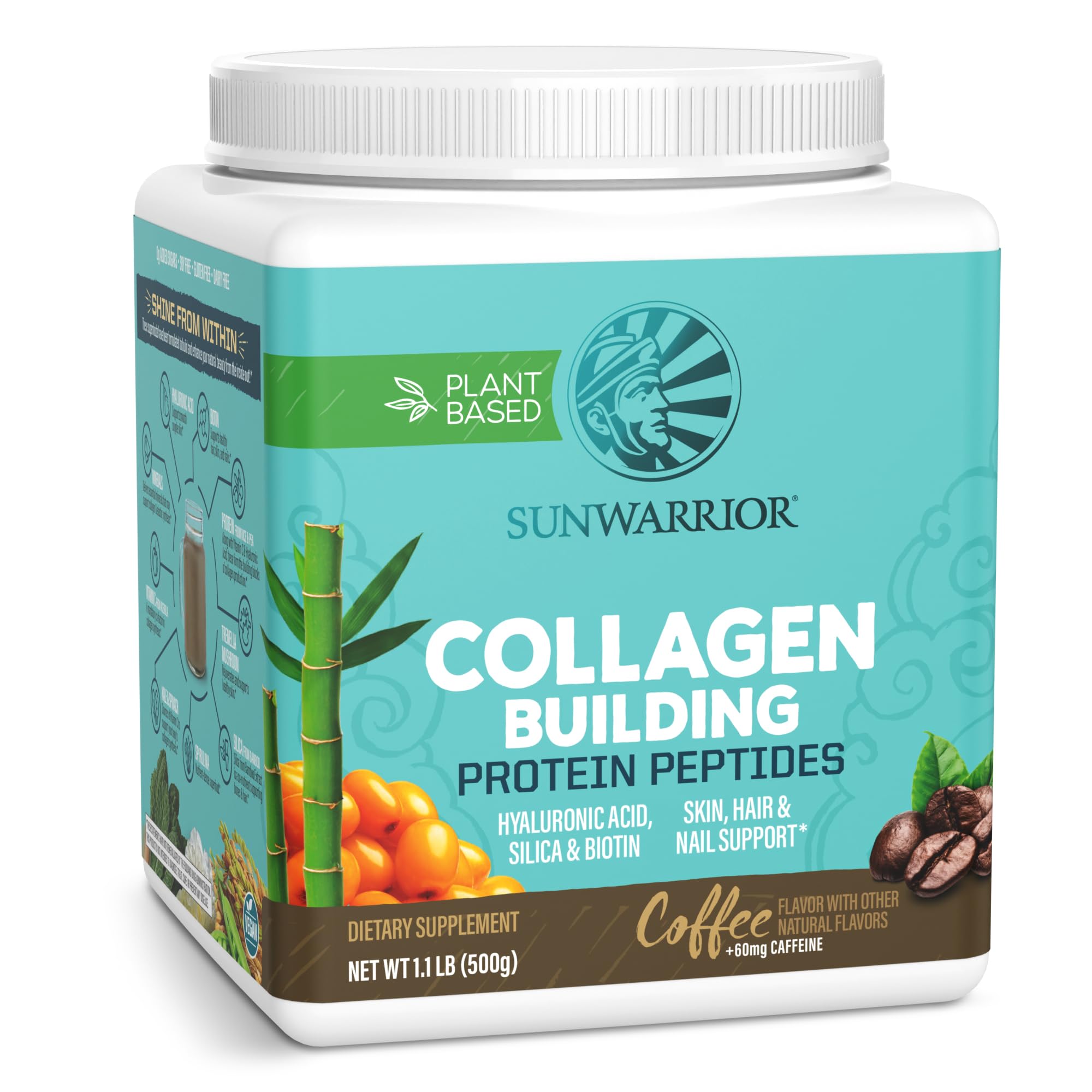 Sunwarrior frente del envase sabor café mostrando etiqueta y beneficio vegano