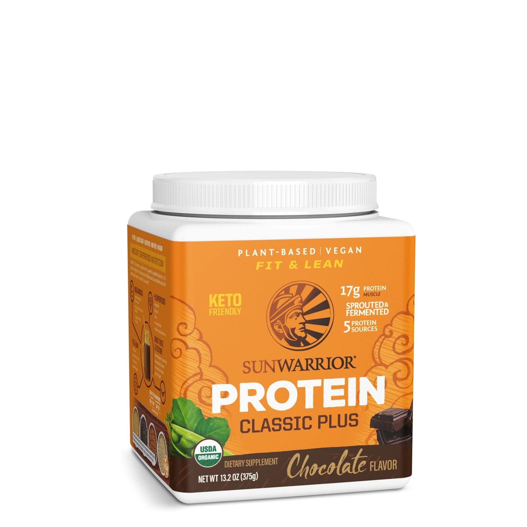 Sunwarrior envase frontal chocolate que muestra formato y beneficio limpio