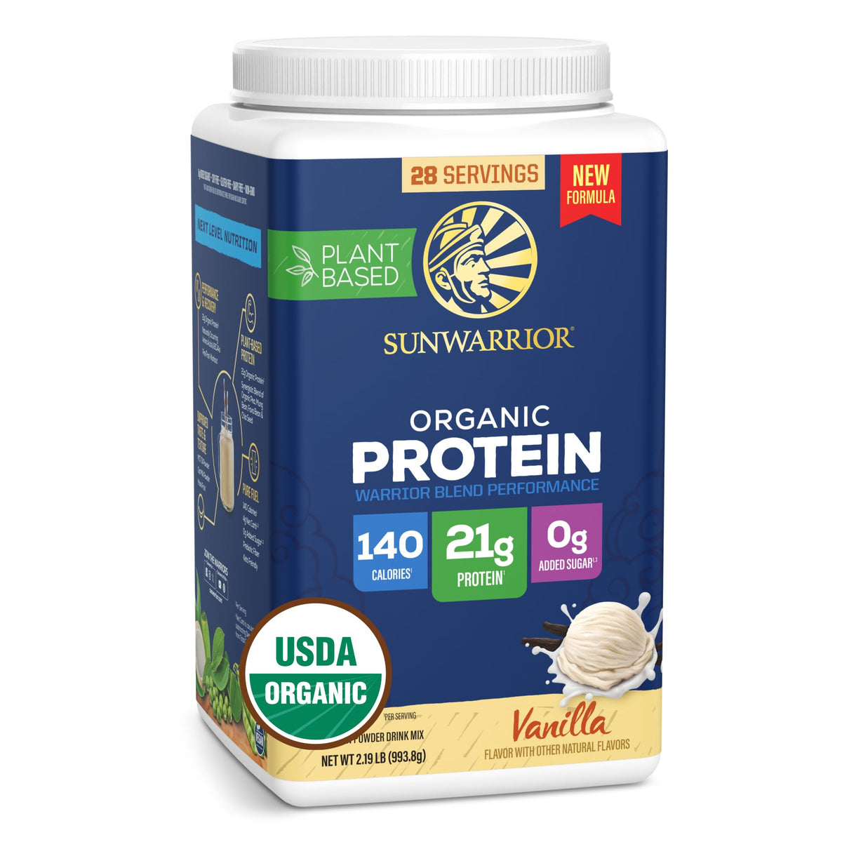 Sunwarrior envase frontal mostrando marca y sabor vainilla, opción nutritiva vegana