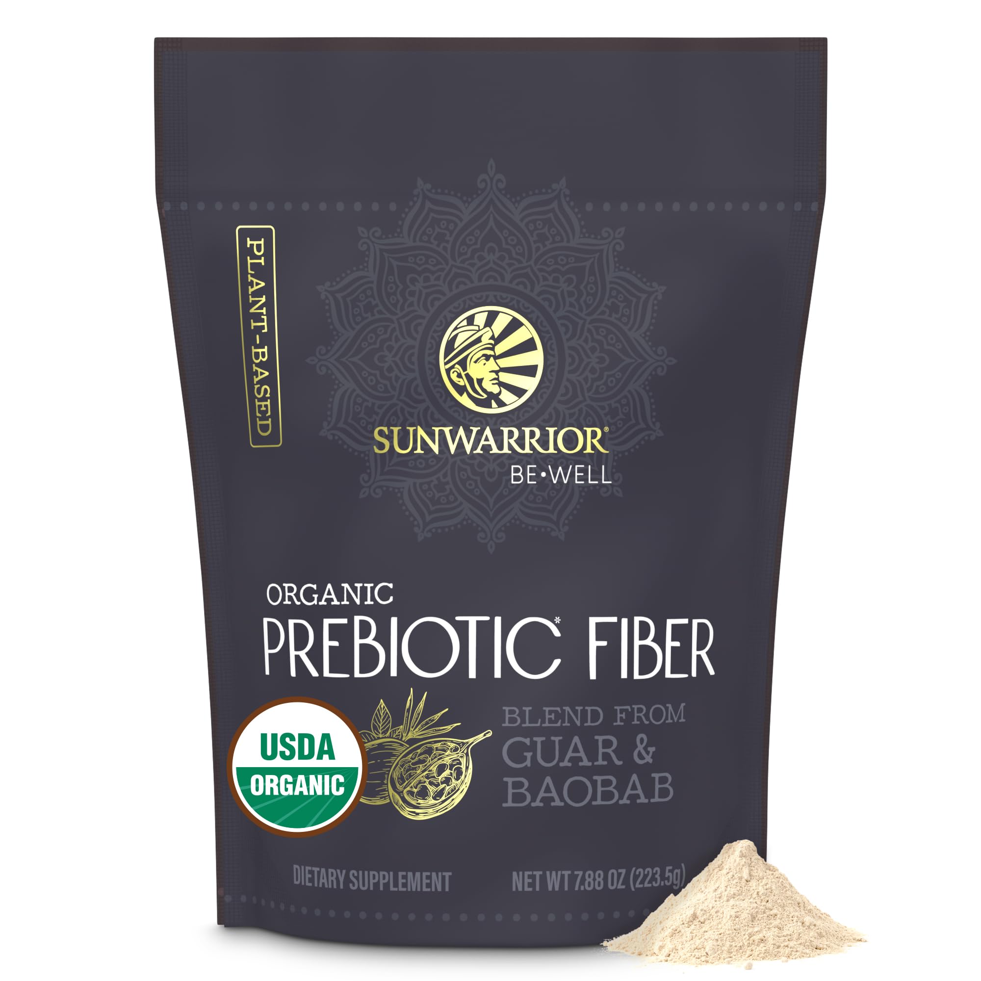 Sunwarrior paquete frontal destacando producto vegano y orgánico