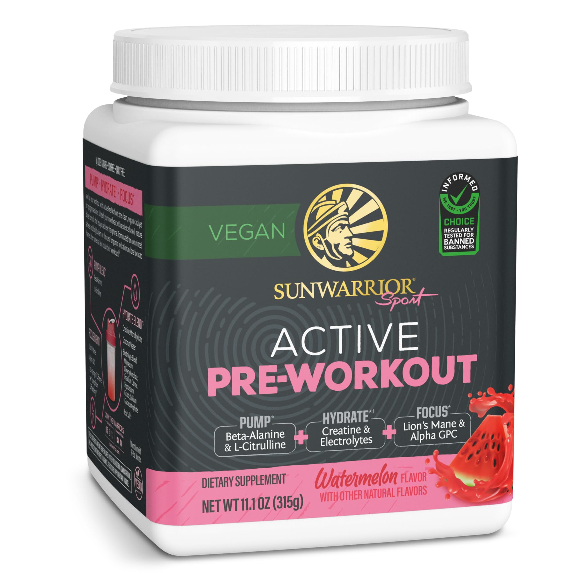 Sunwarrior envase frontal sabor sandía mostrando 30 porciones y beneficios