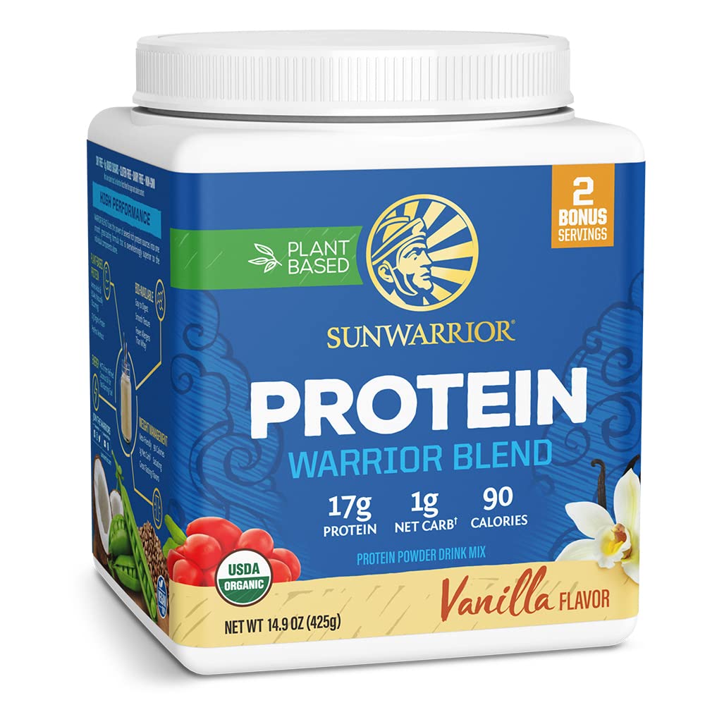 Sunwarrior envase frontal sabor vainilla mostrando diseño y beneficios claros