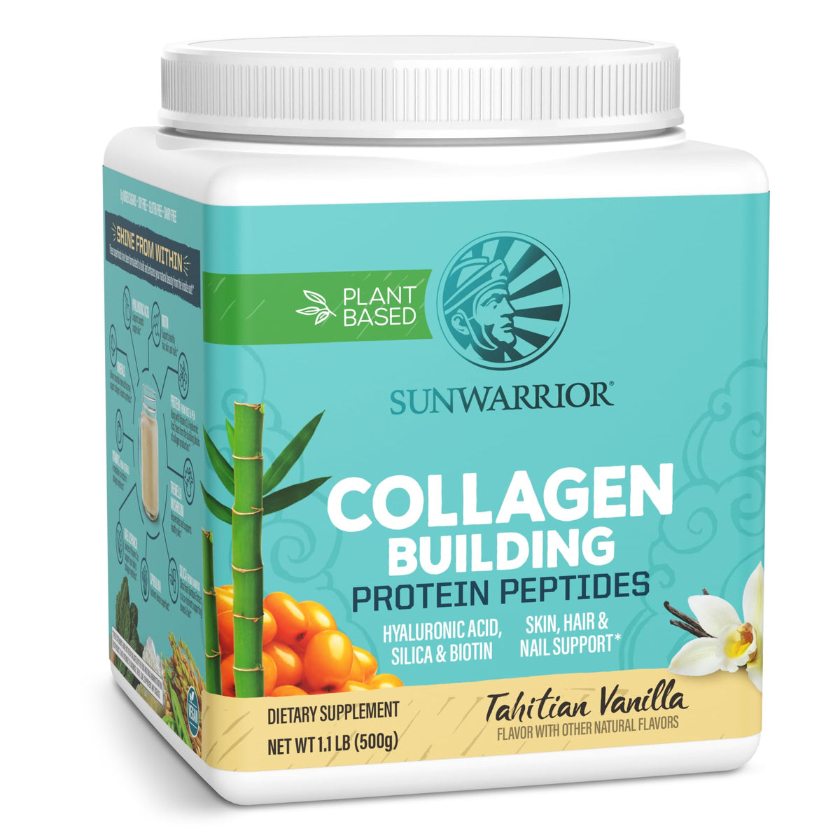 Sunwarrior vista frontal del envase con sabor vainilla mostrando etiqueta clara y beneficios