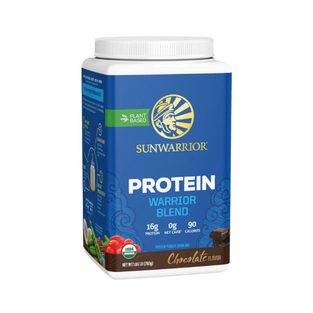 Sunwarrior tazón con ingredientes naturales como goji, coco y proteína vegetal