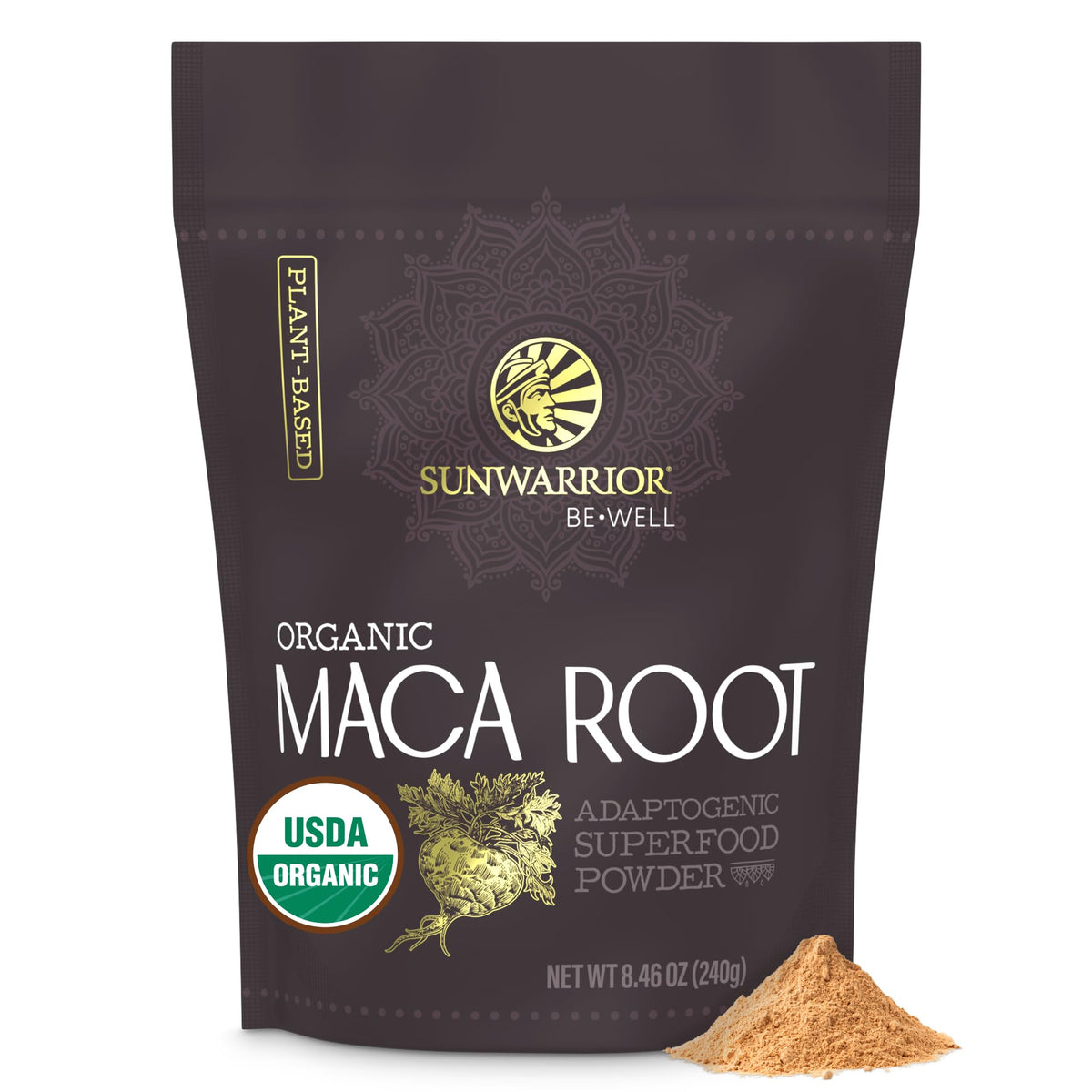 Sunwarrior maca envase frontal mostrando etiqueta orgánica y beneficio energético