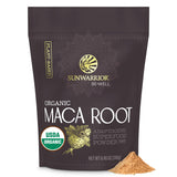 Sunwarrior maca envase frontal mostrando etiqueta orgánica y beneficio energético