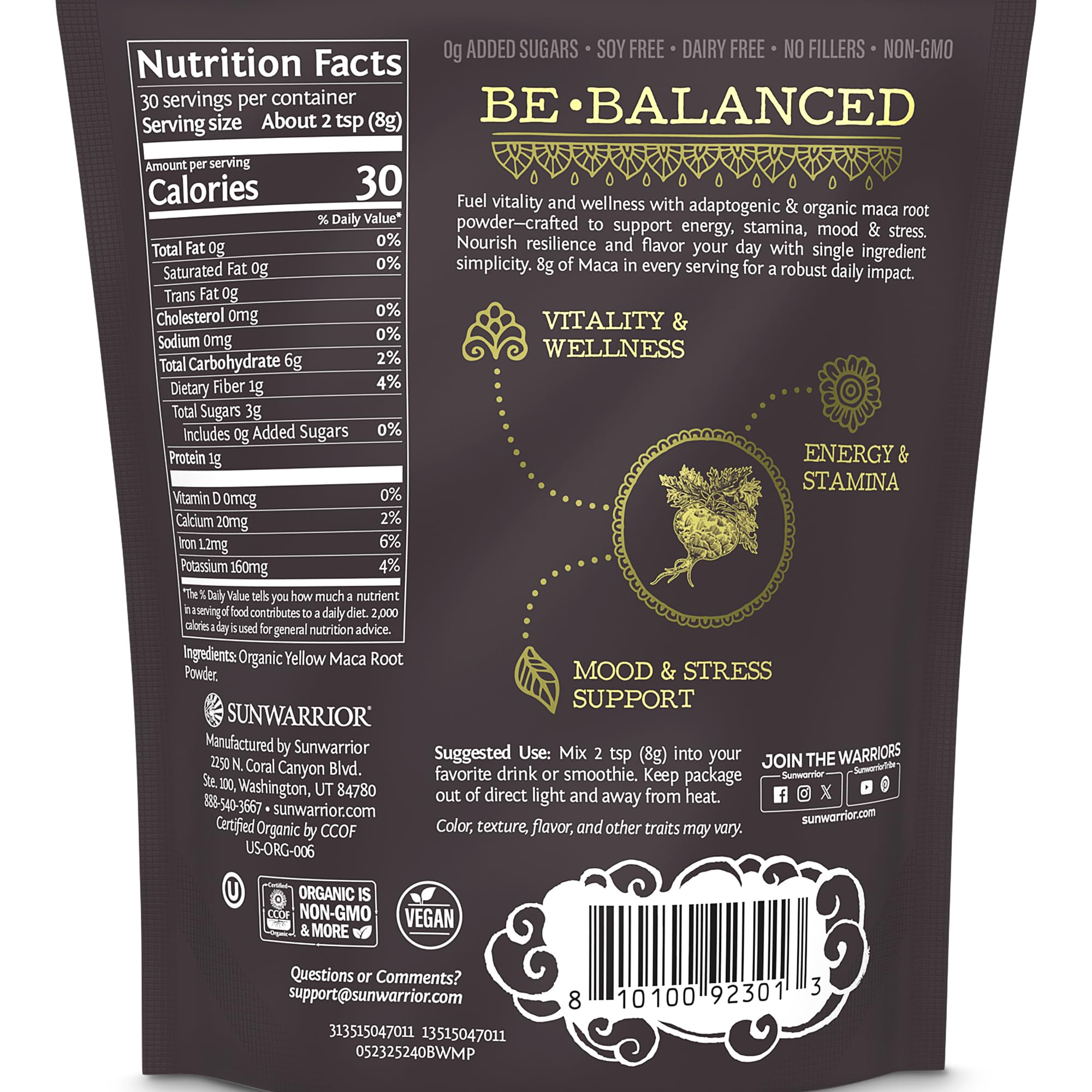 Sunwarrior maca textura en polvo cerca que destaca pureza y mezcla fácil