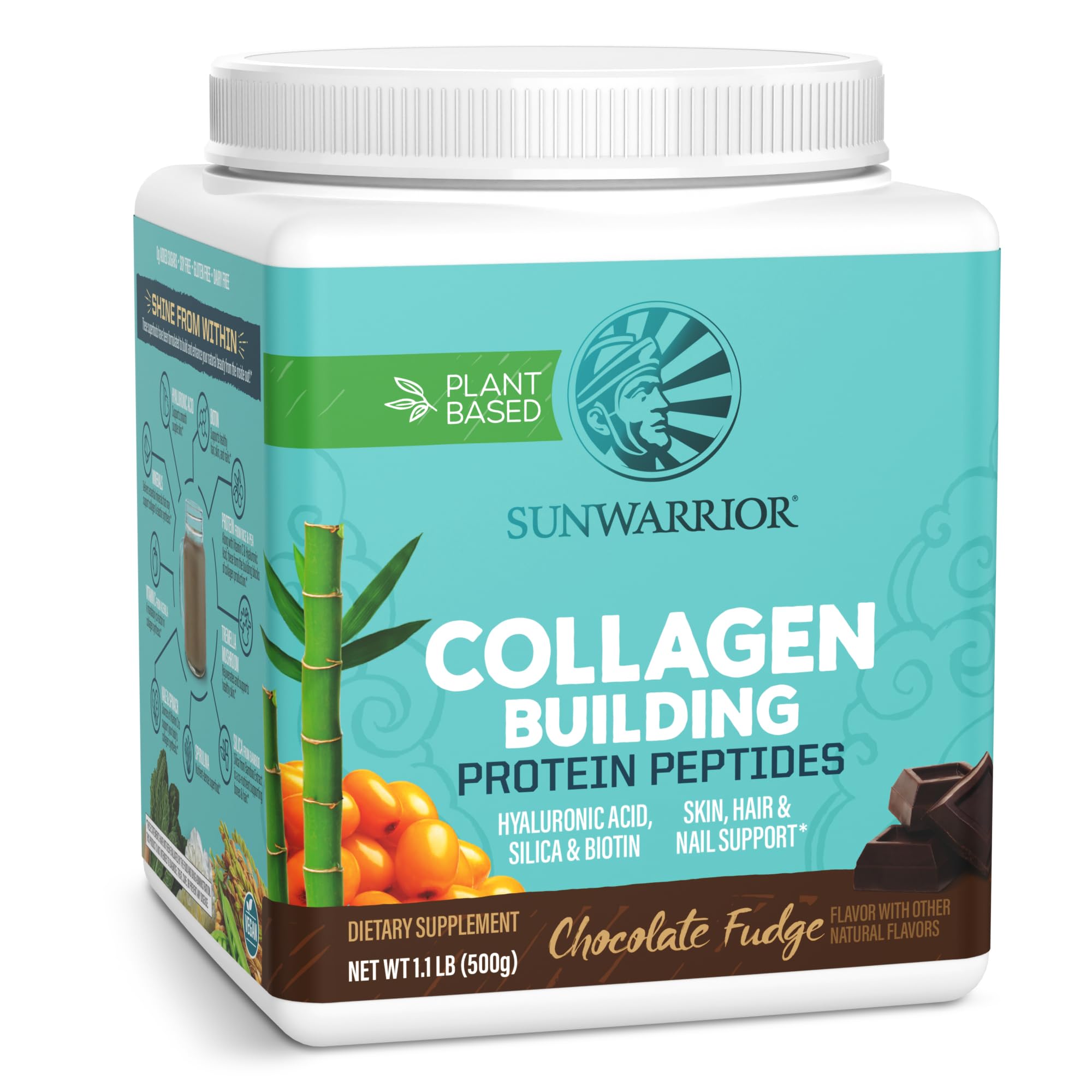 Sunwarrior envase frontal sabor chocolate mostrando diseño y beneficios